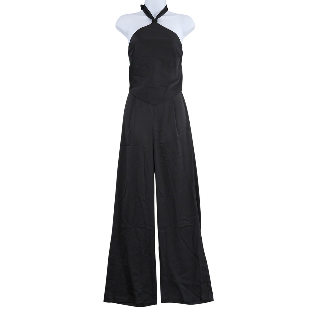 AQUA Halter Neck Wide Leg Satin Jumpsuit Womens 12 Black Hostess Event $268 NWT - Picture 2 of 16
